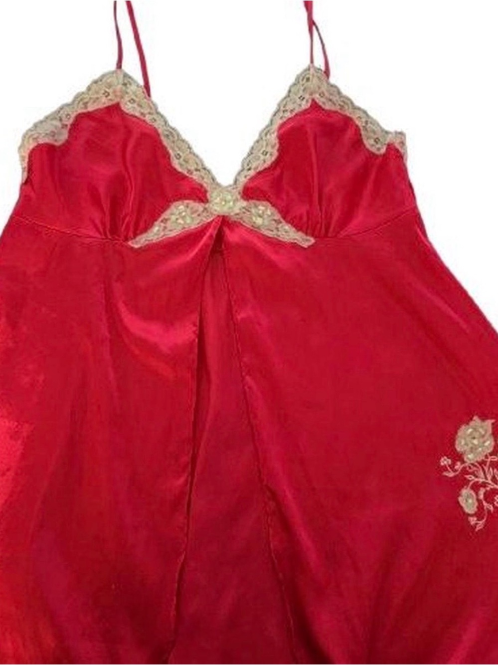 Secret Treasures Red Satin Chemise with Cream Lace Accents